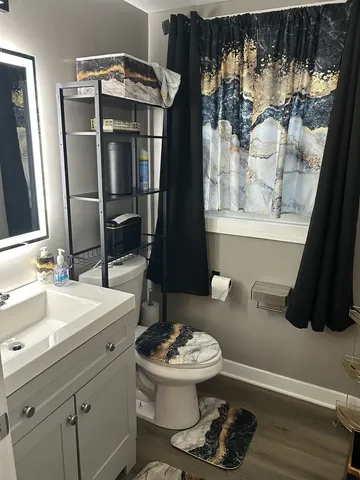 a bathroom with a sink a toilet and a mirror