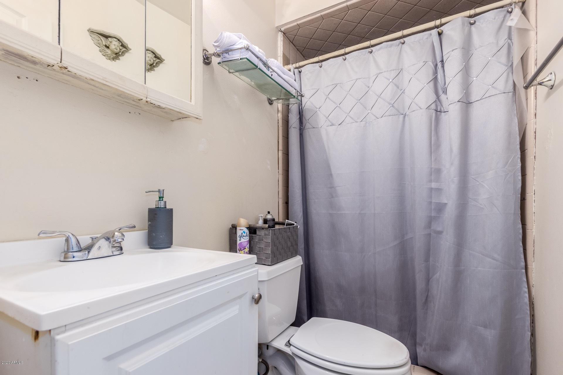 7019 West Camelback Road Phoenix, AZ 85033 - Photo 12 of 25 a bathroom with a sink a toilet and shower curtain