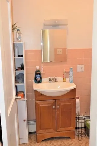 a bathroom with a sink and a mirror