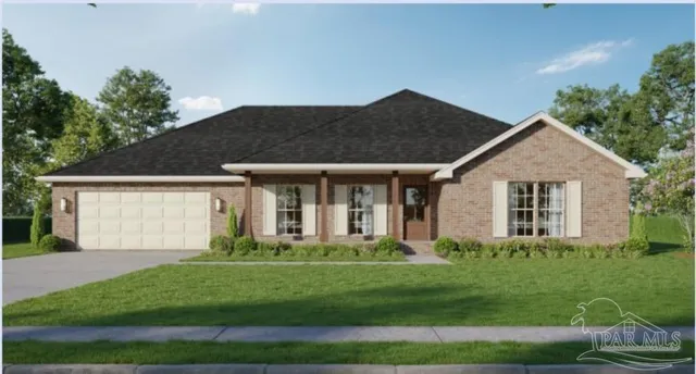 a front view of a house with a yard and potted plants