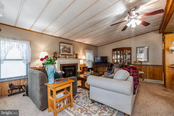 a living room with furniture a fireplace and a chandelier