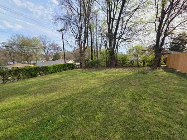 a view of a field with trees in the background