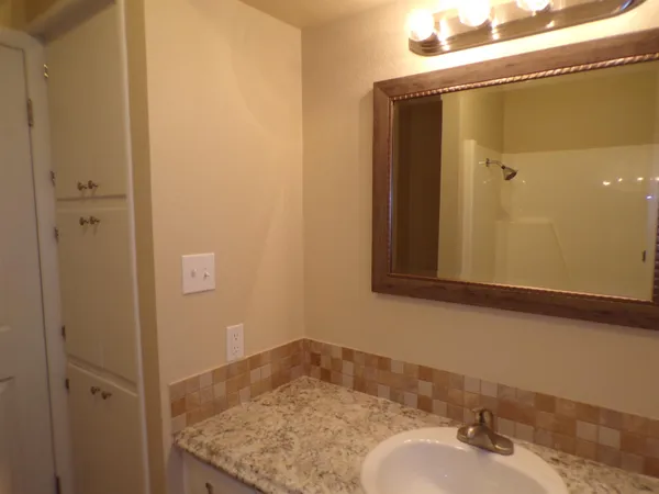 a bathroom with a sink and a mirror