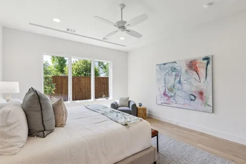 a bedroom with a large bed and a painting on the wall
