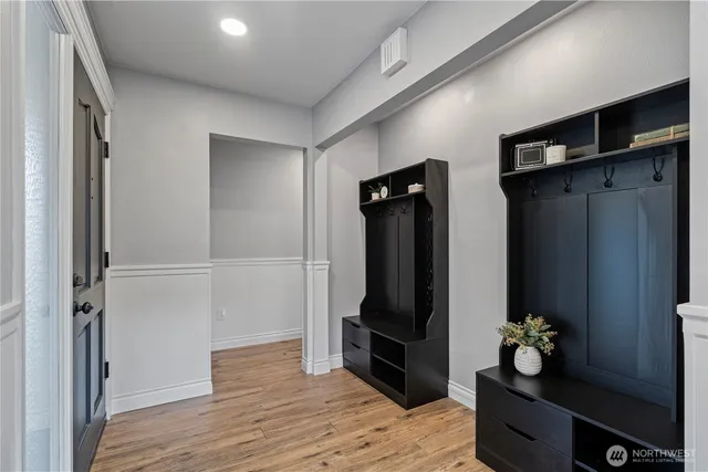 a living room with closet