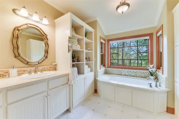 a bathroom with a tub sink and mirror