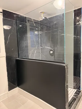 a close view of a bathroom shower