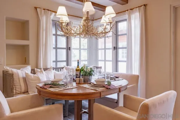 a view of a dining room with furniture and a large window