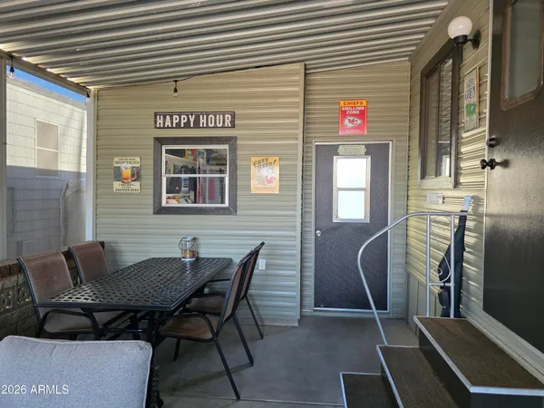 a view of a dining room with furniture