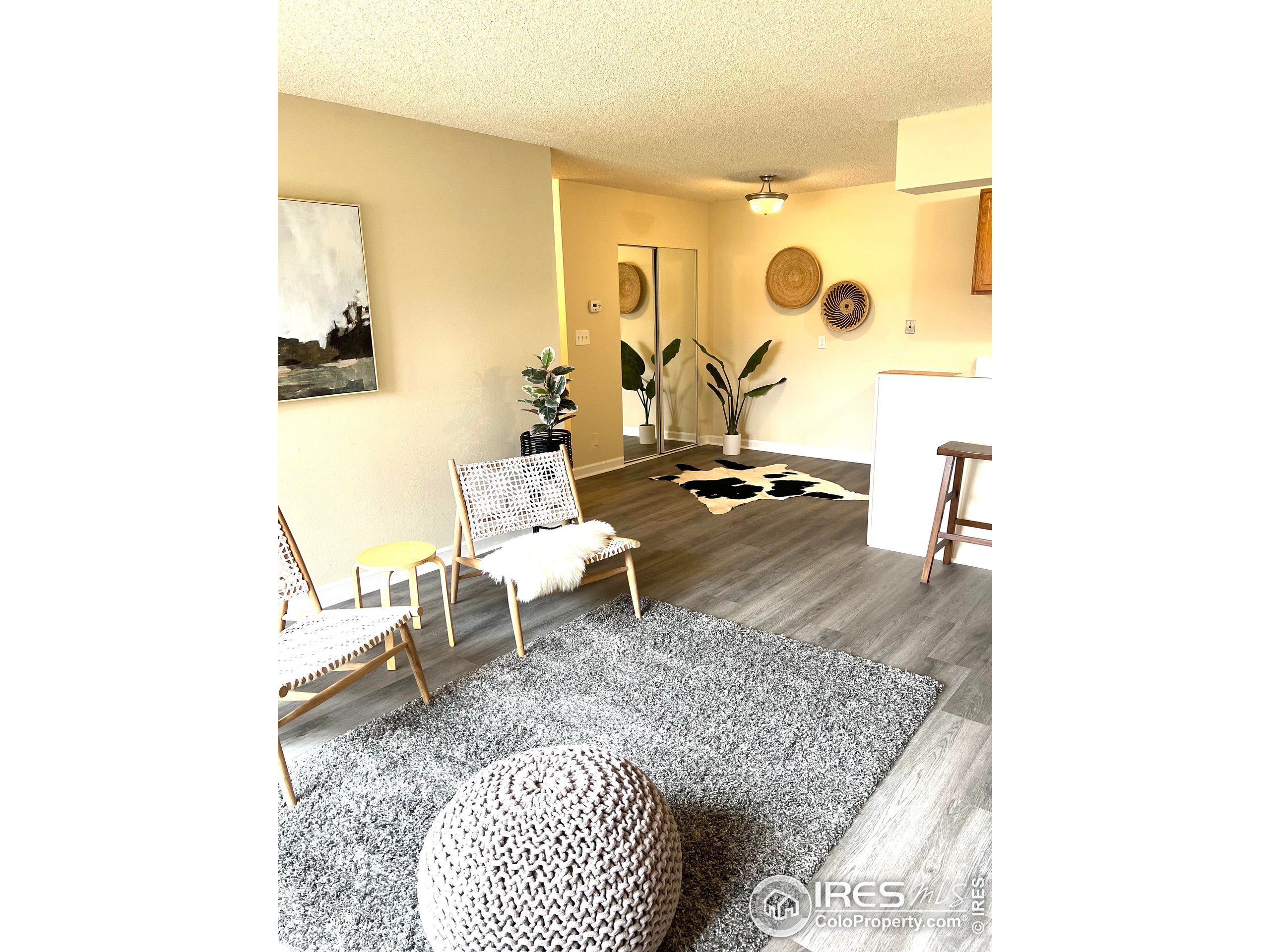 a living room with couches and a rug