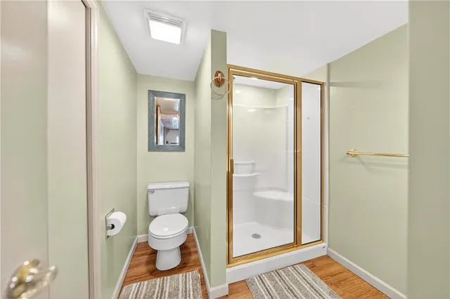 a bathroom with a toilet and a shower