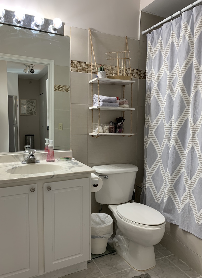 630 North State Street, Unit 2207 Chicago, IL 60654 - Photo 9 of 13 a bathroom with a granite countertop sink toilet and a mirror