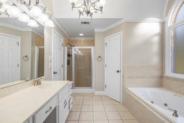 a bathroom with a tub sink shower and a mirror