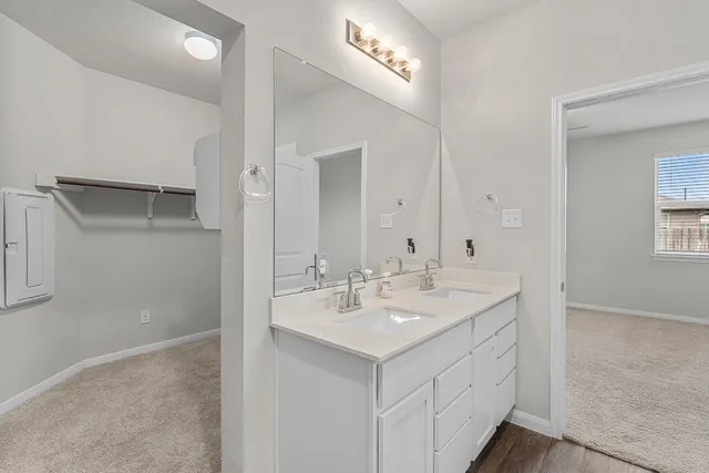 a bathroom with a sink and a mirror
