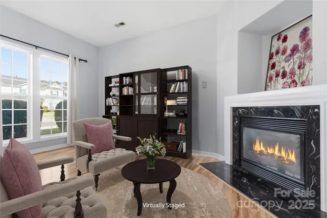 a living room with furniture and a fireplace