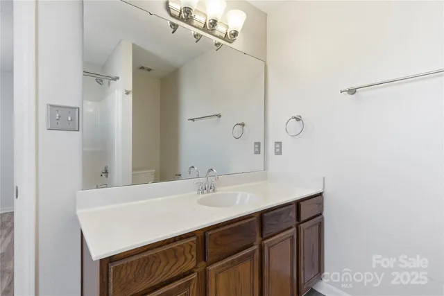 a bathroom with a sink vanity and a mirror