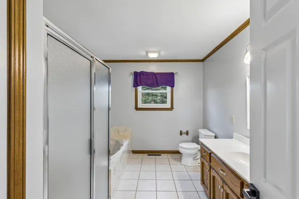 a bathroom with a granite countertop sink a toilet a shower and a mirror