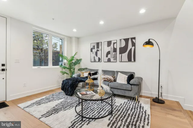 a living room with furniture and a potted plant