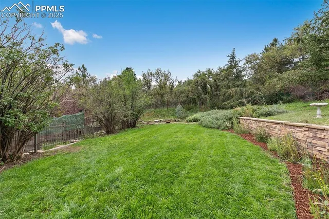 a view of a green field with trees in the background