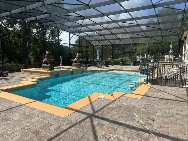 a view of a swimming pool with a patio