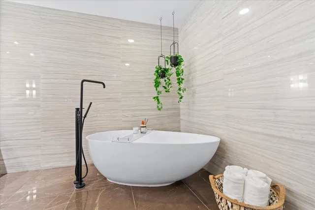 a view of a building with a palm tree