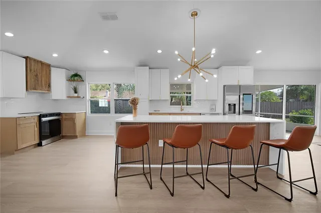 a view of a dining room with furniture