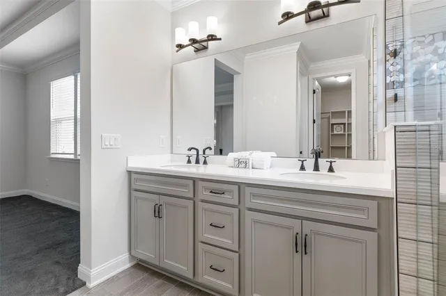 a bathroom with a sink and a window