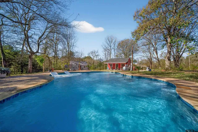 a view of yard with swimming pool and green space