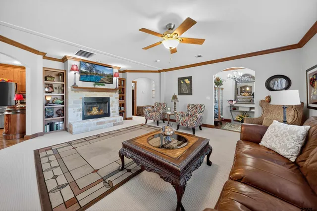 a living room with furniture and a fireplace