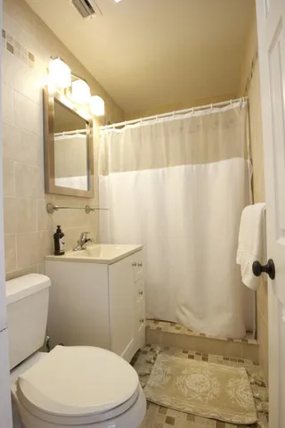 a bathroom with a sink a toilet a mirror and shower
