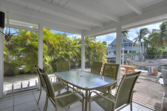 a view of a dining room with furniture and window