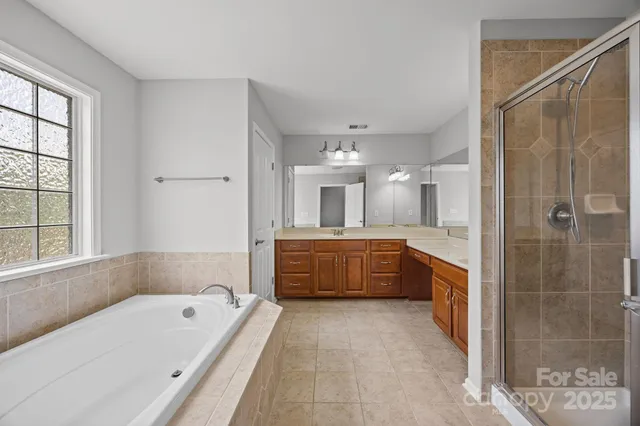 a bathroom with a tub a sink shower and mirror