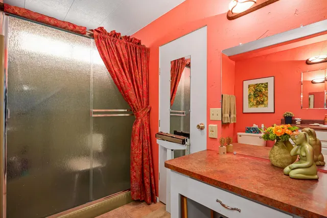 a bathroom with a sink a mirror and a shower