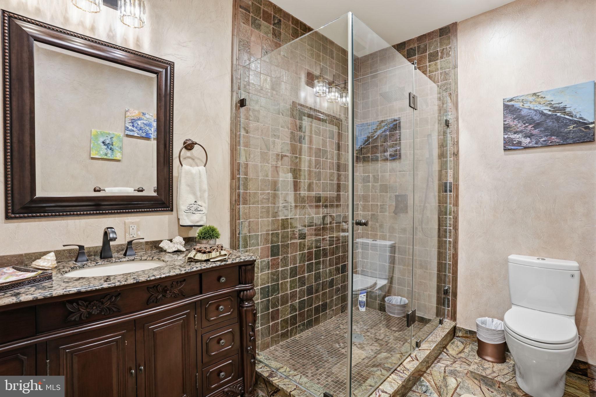 1066 Washington Crossing Road Washington Crossing, PA 18977 - Photo 59 of 92 a bathroom with a granite countertop sink toilet and shower
