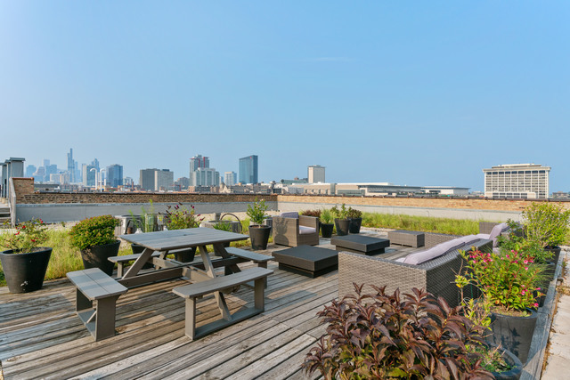 2545 South Dearborn Street, Unit 331 Chicago, IL 60616 - Photo 17 of 17 a roof deck with table and chairs potted plants with wooden floor