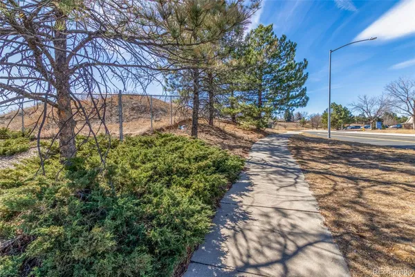 a view of a yard with wooden fence