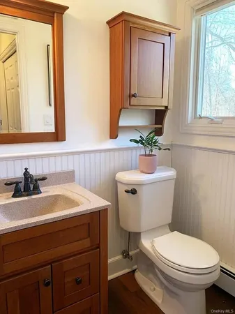 a bathroom with a sink a toilet and a mirror