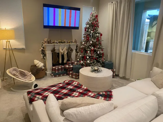 a living room with furniture and a potted plant
