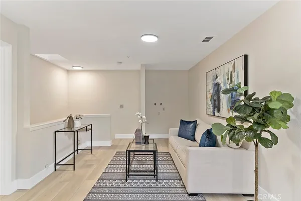 a living room with furniture and a potted plant