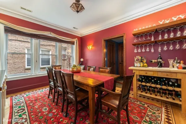 a view of a dining room with furniture