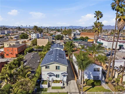 an aerial view of a house with a garden