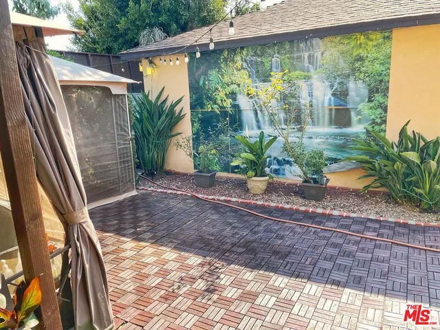a view of a backyard with plants and large tree