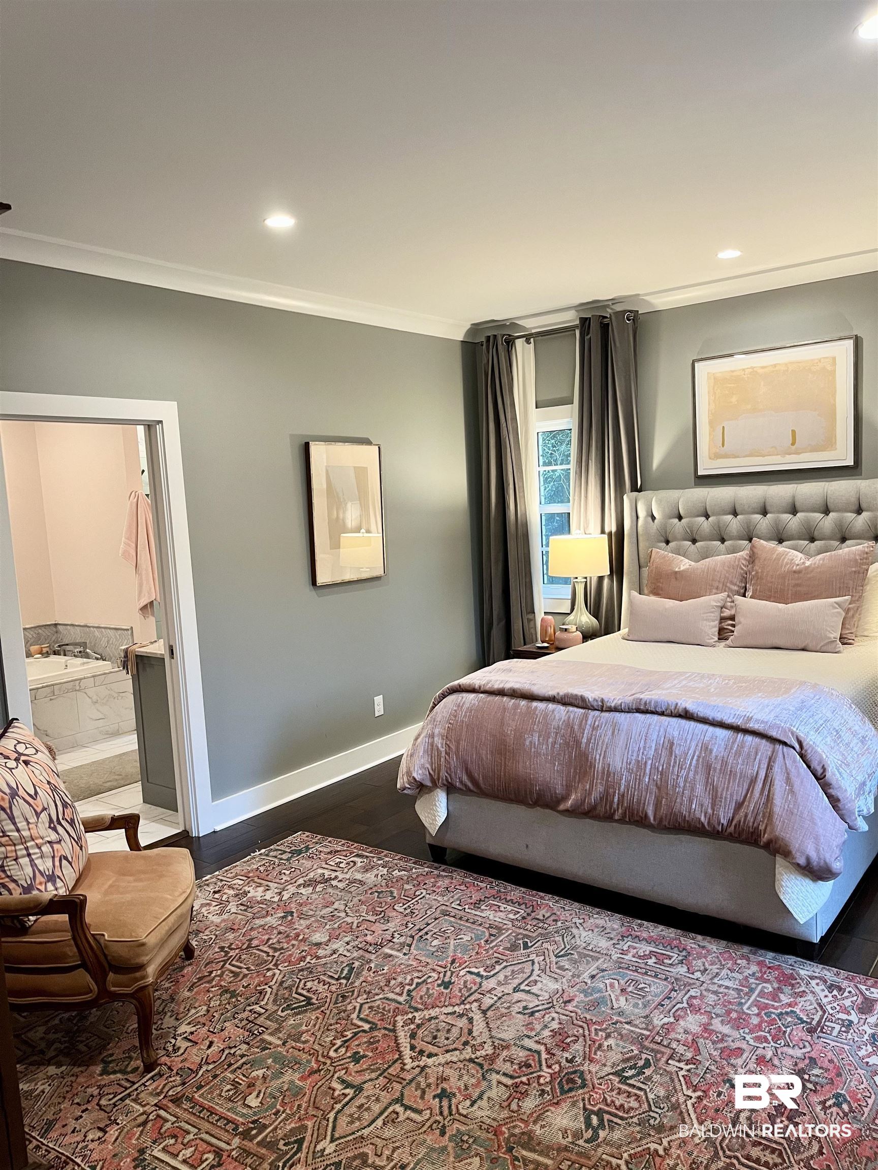 451 Ridgelawn Drive West Mobile, AL 36608 - Photo 14 of 41 Bedroom featuring crown molding, wood finished floors, recessed lighting, baseboards, and ensuite bath