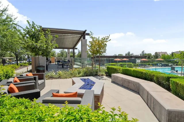 a view of a garden with houses