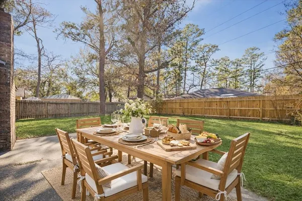 a view of a backyard with table and chairs