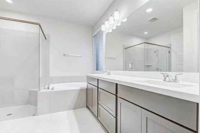 a bathroom with a tub a sink double vanity and a mirror