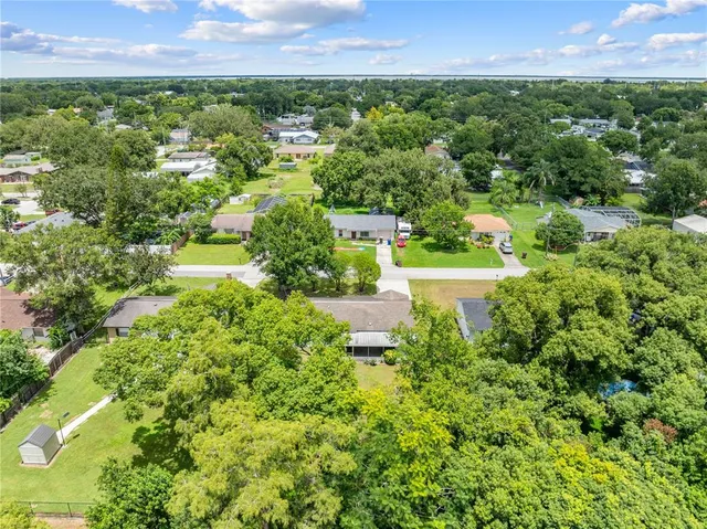 an aerial view of a house with swimming pool and large trees