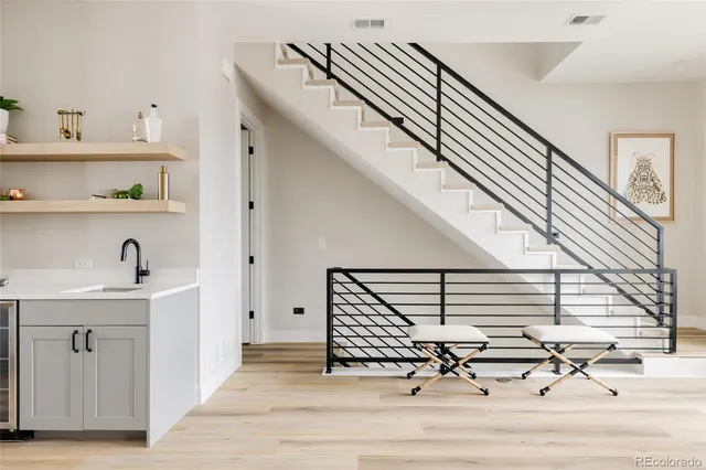 a view of balcony with wooden floor