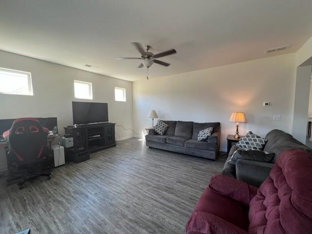 20 Pippin Place Northeast Rome, GA 30165 - Photo 10 of 25 Living room featuring wood finished floors, a ceiling fan, and an office area
