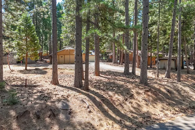 an aerial view of residential house with outdoor space and trees all around